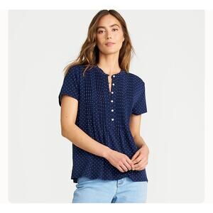 Lands' End Polka Dot Shirt Top Navy Blue White Size Medium Pin Tuck Pleated SS